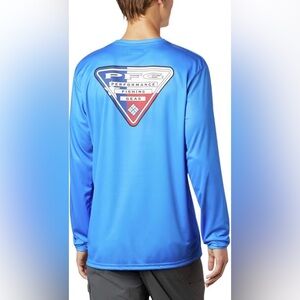 Columbia PFG Long Sleeve Performance Shirt - Blue with Red & White Logo